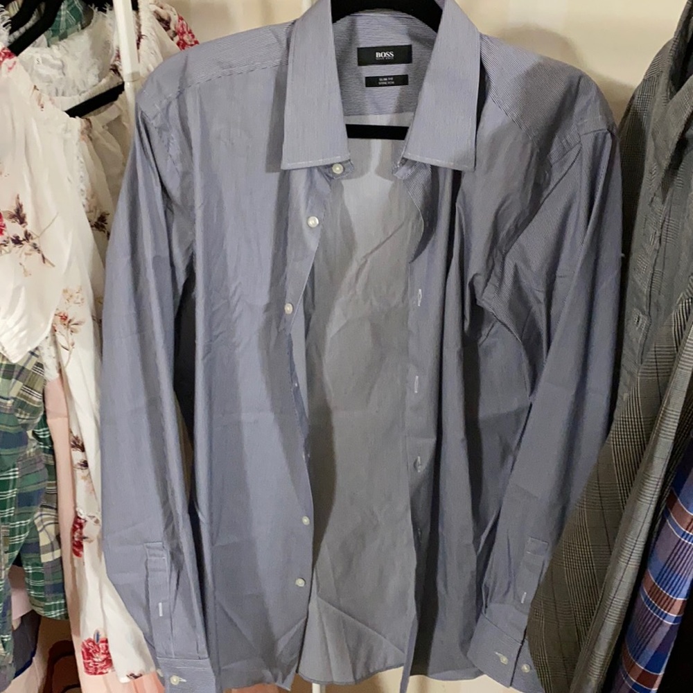 Hugo Boss Mens Button Down Blue Pin Stripe